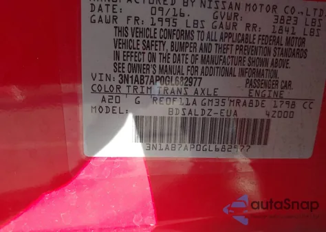 2016 Nissan Sentra Sv z USA, uszkodzony, nr VIN 3N1AB7AP0GL682977